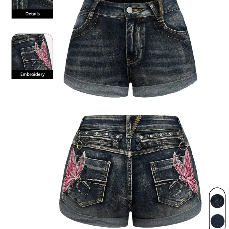 Women's Summer Vibes Elastic Stretchy Denim Shorts, Casual Denim Shorts, Mid Wash Shorts, Butterfly Embroidery Design, Button Fly Closure, Mid Waist, Casual Beach Wear