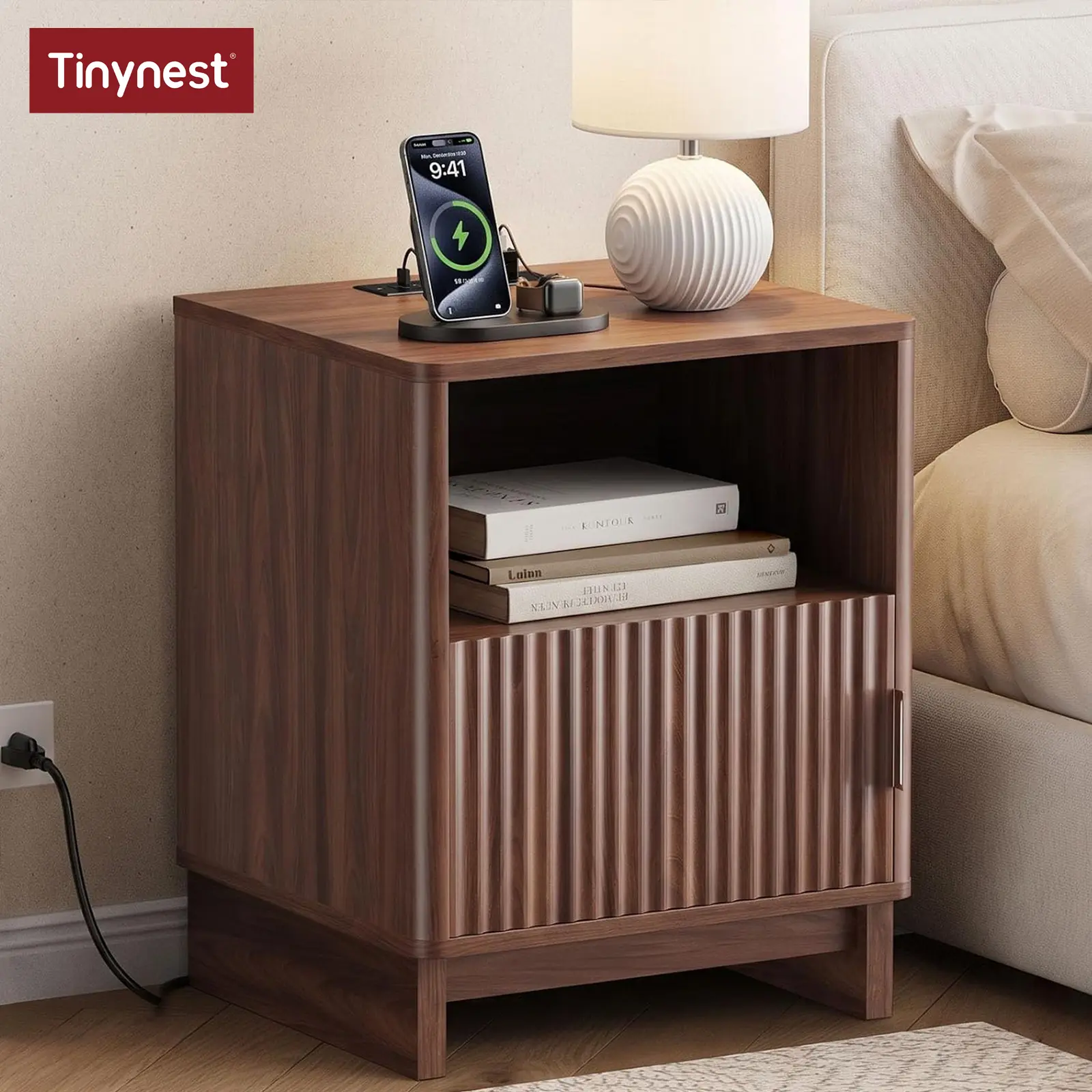 Fluted Nightstand With Charging Station, Mid Century Modern Wood Side Table With Storage Drawers & Open Shelf, Night Stand Bedside Table With USB C Fast Charging Port, Small End Table Storage Cabinet For Bedroom, Living Room, Office