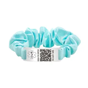 Dynamic QR Code Medical Alert Scrunchie Bracelet for Women, Editable Fabric Medical ID Wristband, Scan to Update Emergency & Health Information Without Login, Elastic Hair Tie Style, Blue