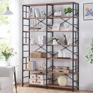 Bookcase, 84" Tall Bookshelves and Bookcases, Industrial Double Wide 7-Tier Bookshelf with Open Shelves, Heavy Duty Bookshelf with Storage for Living Room Home Office, Rustic Brown