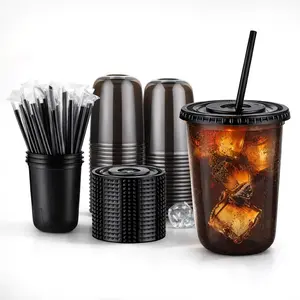 100 Set 500ml 16oz Black Clear Plastic Cups with Lids and Straws Disposable Iced Coffee Cups for Cold Drinks Slushie Smoothie Lemonade Party Coffee Shop Supplies Round Bottom To Go Cups for Coffee Lovers