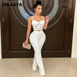 CM.YAYA Street Sexy Women Sweatsuti Outfits Mesh Patchwork Crop Tops and Stacked Ruched Pants Matching Two 2piece Set Tracksuit