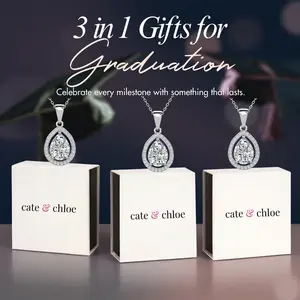 Cate & Chloe Isabel 3-in-1 Necklace Jewelry Set – Hypoallergenic 18k Gold Plated Crystal Teardrop Pendant Necklace – 3 Necklaces with Simulated Diamond Crystals, Each in a Luxury Gift Box – Perfect Stress-Free Gifts