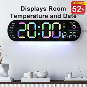 Decor Large Digital Wall Clock for Bedroom 13.7'' with 9 RGB Ambient Light Auto Brightness Remote Control Dual Alarm Timer 12/24H Mode Temperature LED for Elder Black