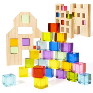 Woodtoe Wooden Building Blocks Set for Kids, Kids Valentines Toys, 36 PCS Rainbow Acrylic Gem Cubes Blocks - 3 Wood House, Montessori Stacking Toy for Toddlers, Educational STEM Toys Birthday Valentines Day Gifts Toys for Boys Girls 3-6