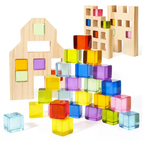 Woodtoe 36 PCS Rainbow Acrylic Gem Colored Cubes Building Blocks Set - 3 Wood Houses, Montessori STEM Educational Stacking Toy, Colorful Math Manipulatives, Open Ended Play DIY Gift for Boys/Girls 3-6, Stack 2 Frames