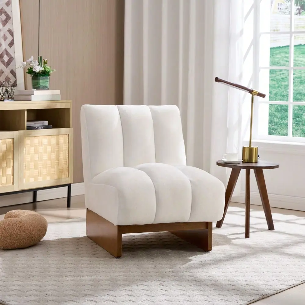 Modern Chenille Armless Accent Chair, Comfy Segmented Padding Single Sofa, Mid-Century Upholstered Side Lounge Chair with Walnut Solid Wood Sled Base for Apartment, Corner