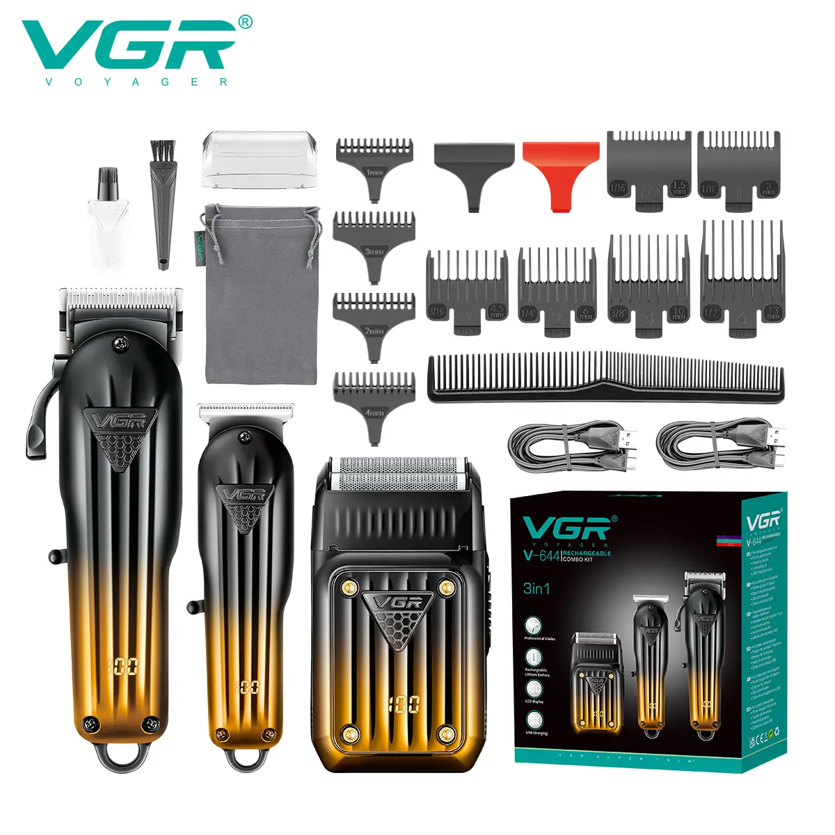 VGR 644 Men's Premium Electric Hair Clipper & Shaver Set, 3in 1 Multifunctional Grooming Kit for Men, Cordless USB Charging Beard Clipper Trimmer & Razor with LED Display, Perfect Gift for Men summerwins