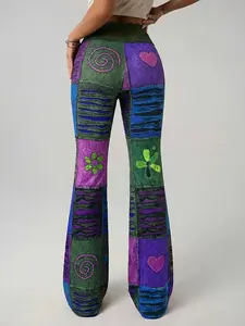 Chic Casual Pants, Artistic Patchwork Print & Hearts High-Waist Design, Soft Knit for Music Festivals & Summer Days, Running Gear, Lightweight Sport, Flexible Fit, Athletic Fit, Versatile, Breathable