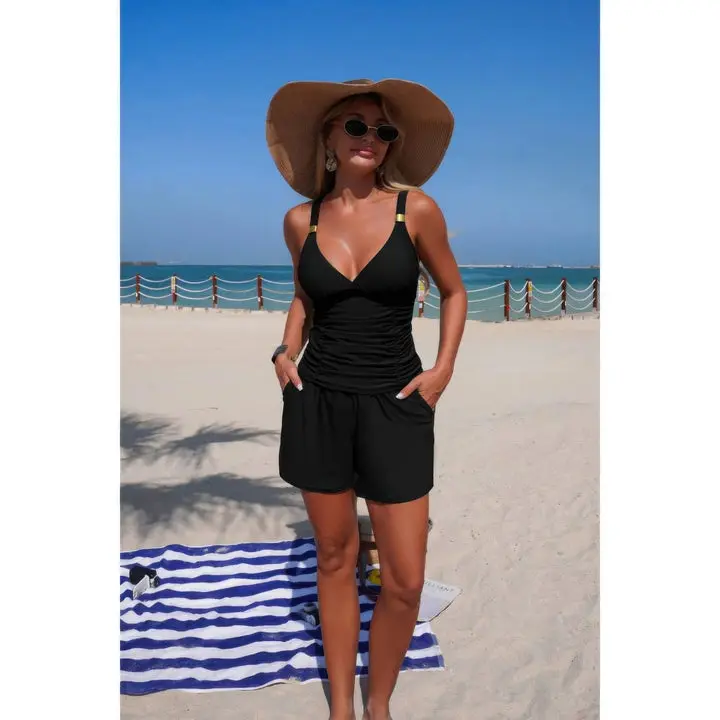 Vyxen Women's 2-Piece Swim Set, Ruched V-Neck Tankini Top with Adjustable Straps, Pocket Shorts, Stretch Full Coverage Swimsuit for Beach Vacation Pool Resort Wear