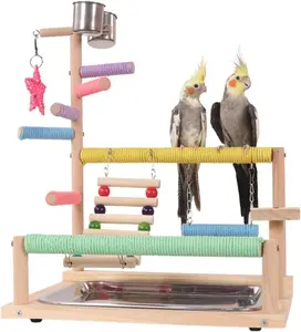 Colourtree Wooden Bird Playground Perch Stand Parrot Playstand with Ladder Colorful Perches Chewing Toys Playpen for Parakeet Conure Cockatiel Lovebird Budgie Caique Exercise Play Gym with Feeding Cups