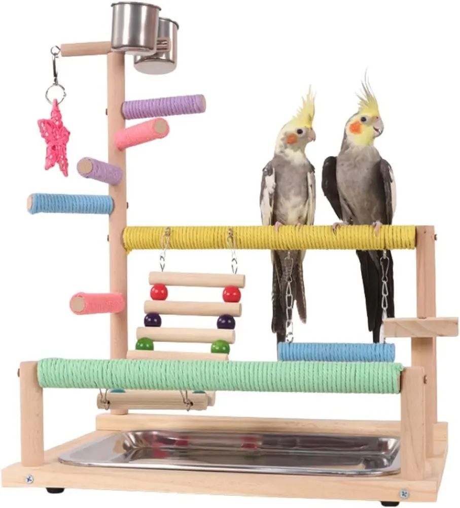 Colourtree Wooden Bird Playground Perch Stand Parrot Playstand with Ladder Colorful Perches Chewing Toys Playpen for Parakeet Conure Cockatiel Lovebird Budgie Caique Exercise Play Gym with Feeding Cups
