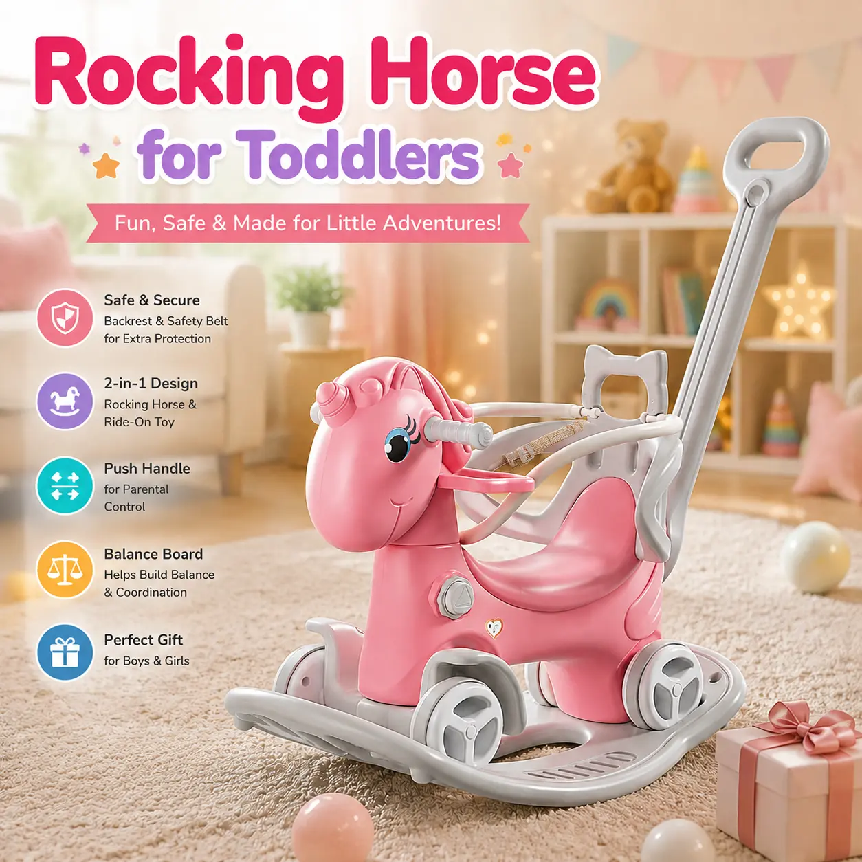 Pink Unisex Cute Unicorn Rocking Horse Walker for Ages 1-3, HDPE Plastic Balance Bike Ride-On Toy with Push Handle, Backrest, Balance Board, Bell, Toddler Tricycle Push Car, Montessori First Birthday Gift