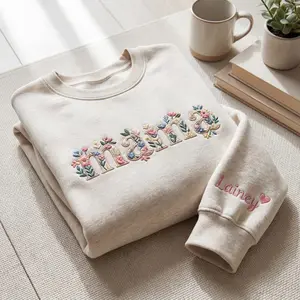 [FLASH SALE] Embroidered Mama Floral Sweatshirt, Custom Embroidered Kids Names on Sleeve, Mothers Day Gift Birthday Gift Mom
