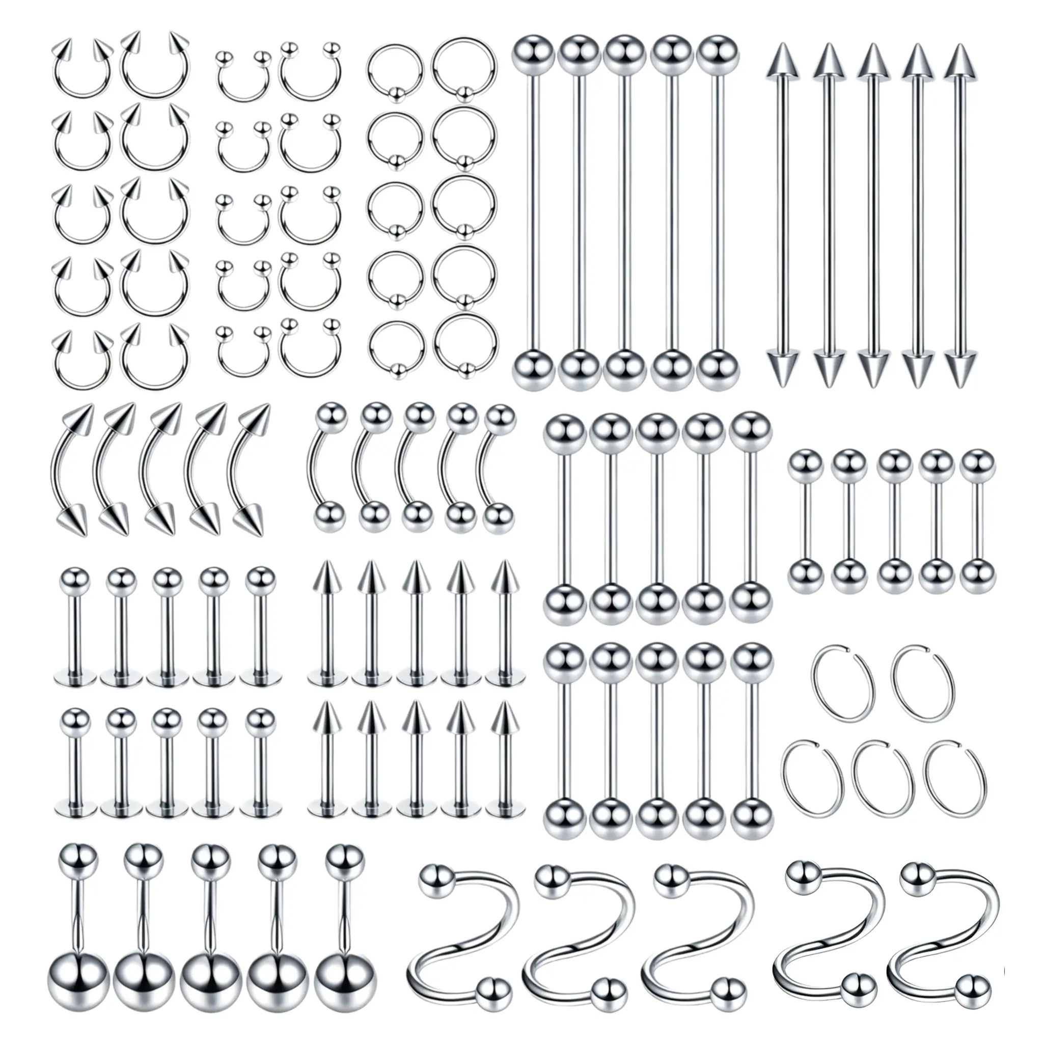 100pcs Multi-Piece Body Piercings Jewelry For all piercings，Nipple Navel Tongue Barbells Eyebrow Nose Tragus 14G/16G/20G Piercings Set