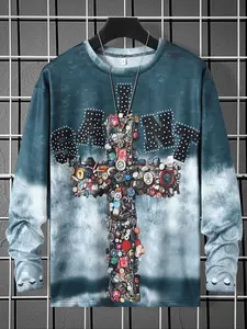 Men's Tie-Dye Long Sleeve T-Shirt, Cross Badge Street Style Top, Casual Loose-Fit Fall & Winter Wear, Trendy American Men's Fashion