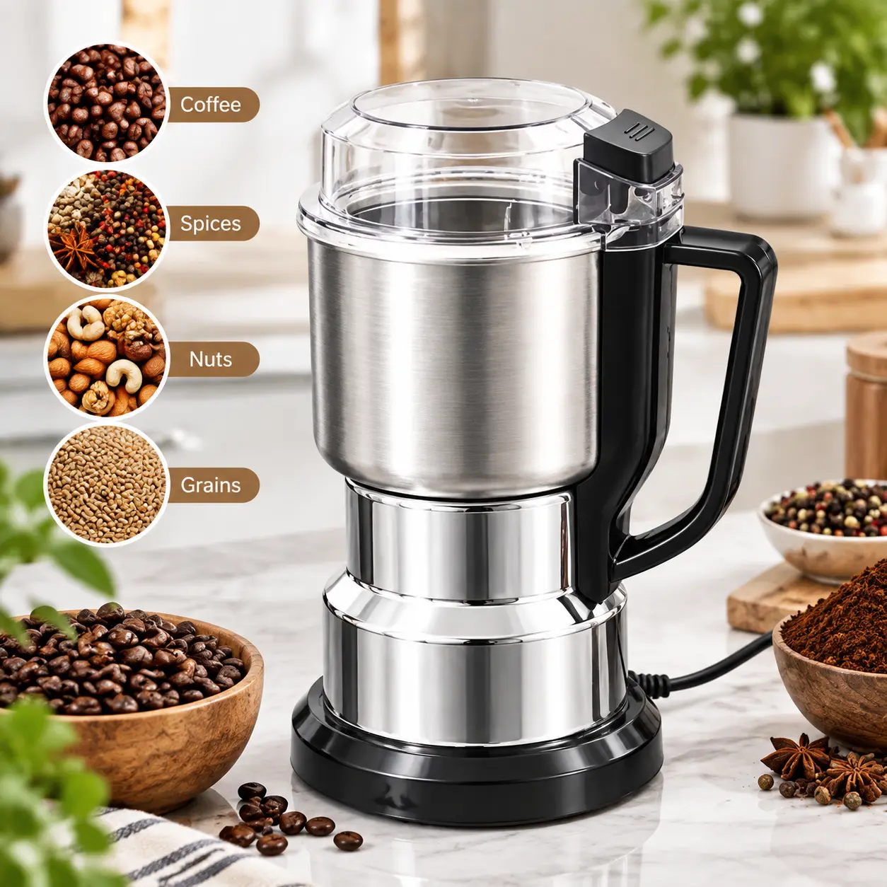 Springtok 300W Motor Electric Coffee Grinder - Stainless Steel Blade Kitchen Appliance for Espresso, Spices & Nuts, Home Use