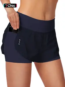 Women's 2 in 1 Pocket Design Shorts, High Waisted Shorts, Elastic Waist Shorts, Casual Comfy Breathable Shorts for Daily Wear, Ladies Bottoms for Summer