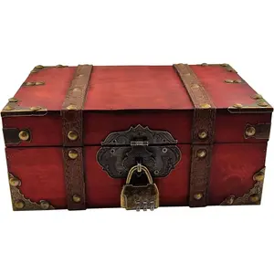 Flylin Vintage Wooden Storage Box With Lock, Treasure Jewelry Chest Decorative Treasure Jewelry Chest Wooden Storage and Decorative Box Home Decoration Jewelry Storing Storage Organizer (Red)