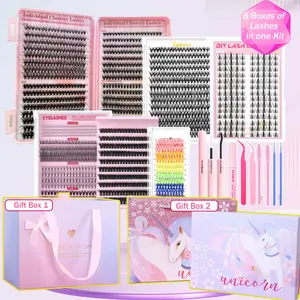 6-Kit Gift Set, Individual False Eyelashes, Fluffy False Eyelashes, Faux Lashes, Eyelash Clusters with Lash Applicators, Three Styles: Natural, Thick & Personality, with Lash Bond, Seal, Remover, Tweezers, Brush & Swabs, 1 Box Meets All DIY Needs
