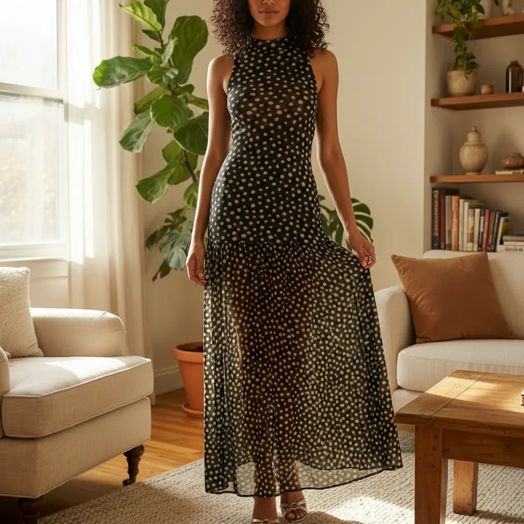 Women's Polka Dot Maxi Dress - Elegant Formal Gown for Wedding Guest Bridesmaid Cocktail Christmas Evening Party
