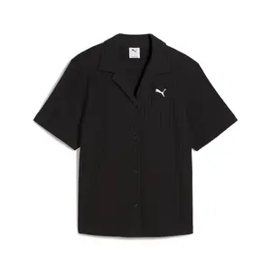 PUMA Womens Wardrobe Essentials Pointelle Short Sleeve Button Up Shirt Casual Tops Casual - Black