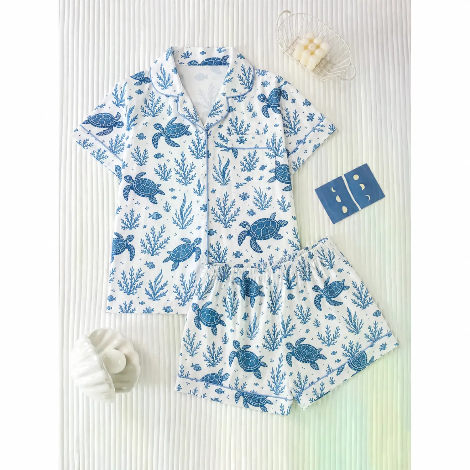 White Turtle Print Pajama Set: Short Sleeve Button-Front Sleepwear for Cool Summer Lounging and Peaceful Nights