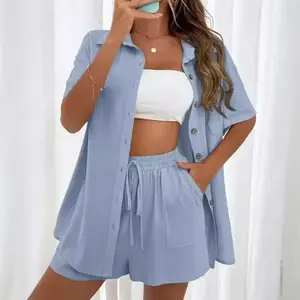 European and American Fashion Two-Piece Solid Color Shirt Set – Casual Loose Fit, Short-Sleeve, Single-Breasted Women’s Clothing/Womenswear Suit/Gamis