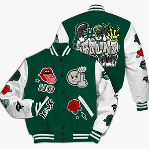 Varsity Jacket Match Oxidized Green 4s, FK Around Find Out Graphic Print, Unisex Streetwear Baseball Outerwear, Trendy Sneakerhead Outfit