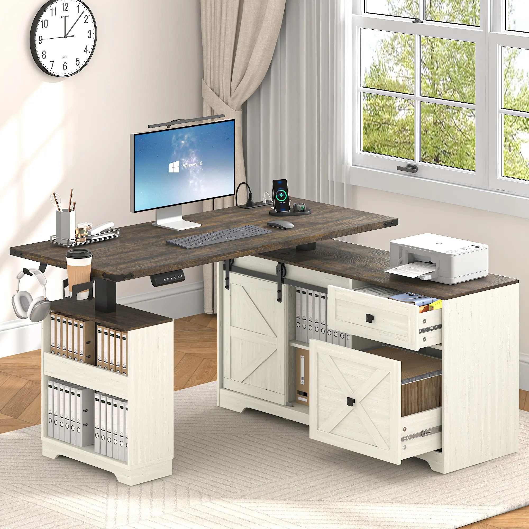 55" L Shaped Electric Standing Desk - Rustic Office Furniture with File Drawer, Sliding Doors, Power Outlets, Cup Holder, Cord Management for Farmhouse Home Office (Black&White), L Shaped Desk, Adjustable, 55 Inch