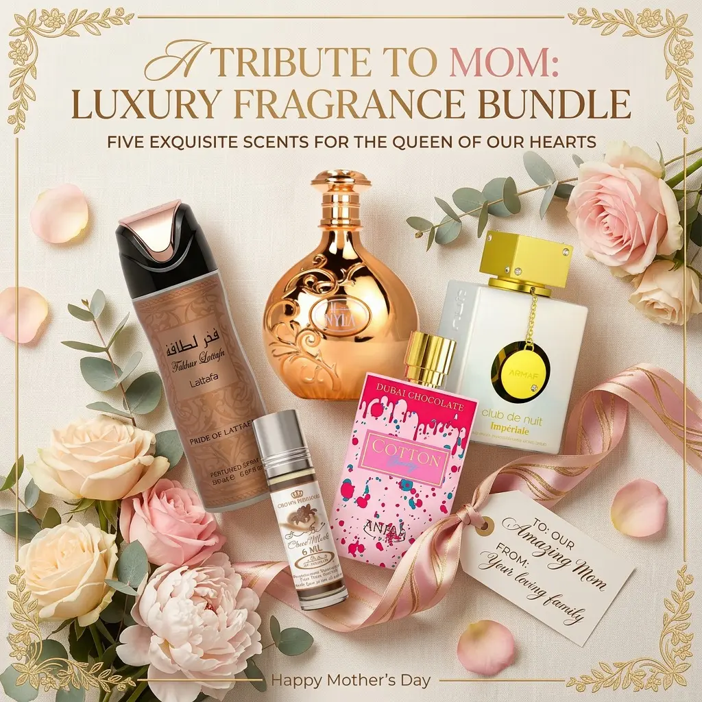 Mother’s Day Luxury Sweet Floral Bundle-Armaf Club De Nuit Imperiale 3.6OZ | Al Rehab Choco Musk 0.2FL.OZ | Arabiyat Prestige Nyla 2.7FL.OZ | Anfar Cotton Candy 2.7FL.OZ | Lattafa Fakhar Rose Deodorant 6.67FL.OZ Gift-Ready Fragrance Set.