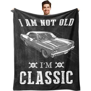 I'm Not Old I'm Classic Car Graphic Soft Warm Blanket 60"X50" for Old Men, Funny Gifts for Ederly Men, Cool Gag Fun Gift for Dad Grandpa for Christmas Birthday Fathers Day Retirement - Black, Printed on One Side with a Plain White Back, Halloween Thanksgi