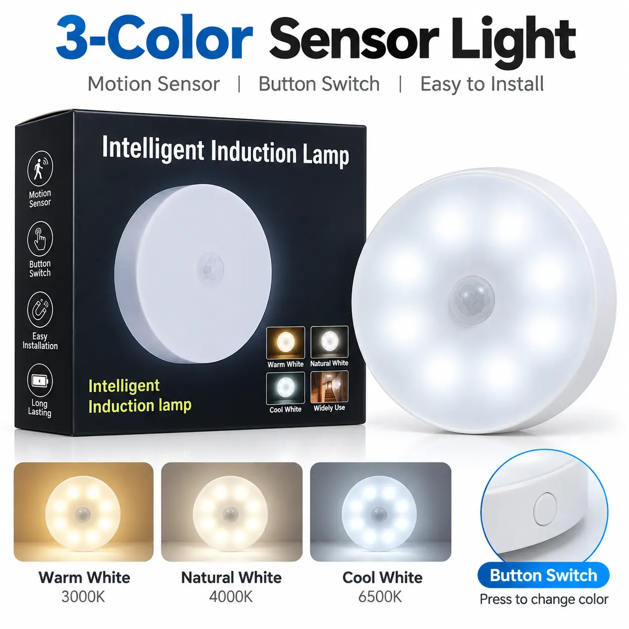 Rechargeable LED Closet Light with Motion Sensor, 3 Color Modes 3000K 4000K 6500K, Compact Stick-On Puck Light for Cabinet, Pantry, Bedroom and Stairs