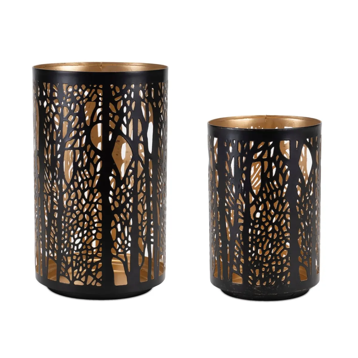 Melrose 92437DS Contemporary Metal Iron Candle Holder Set of 2 - Black & Gold Accents Decorative Lanterns, Home Supplies, 2 Sizes (4.25x6 in, 5x8 in), Forest Motif with Punched Holes & Tree Cutout, for Indoors Room Decor