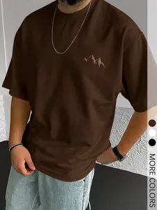 Men's Brown Short Sleeve T-Shirt with Minimalist Mountain Embroidery and Comfort Fit, Casual Tee for Daily Wear and Outdoor Activities