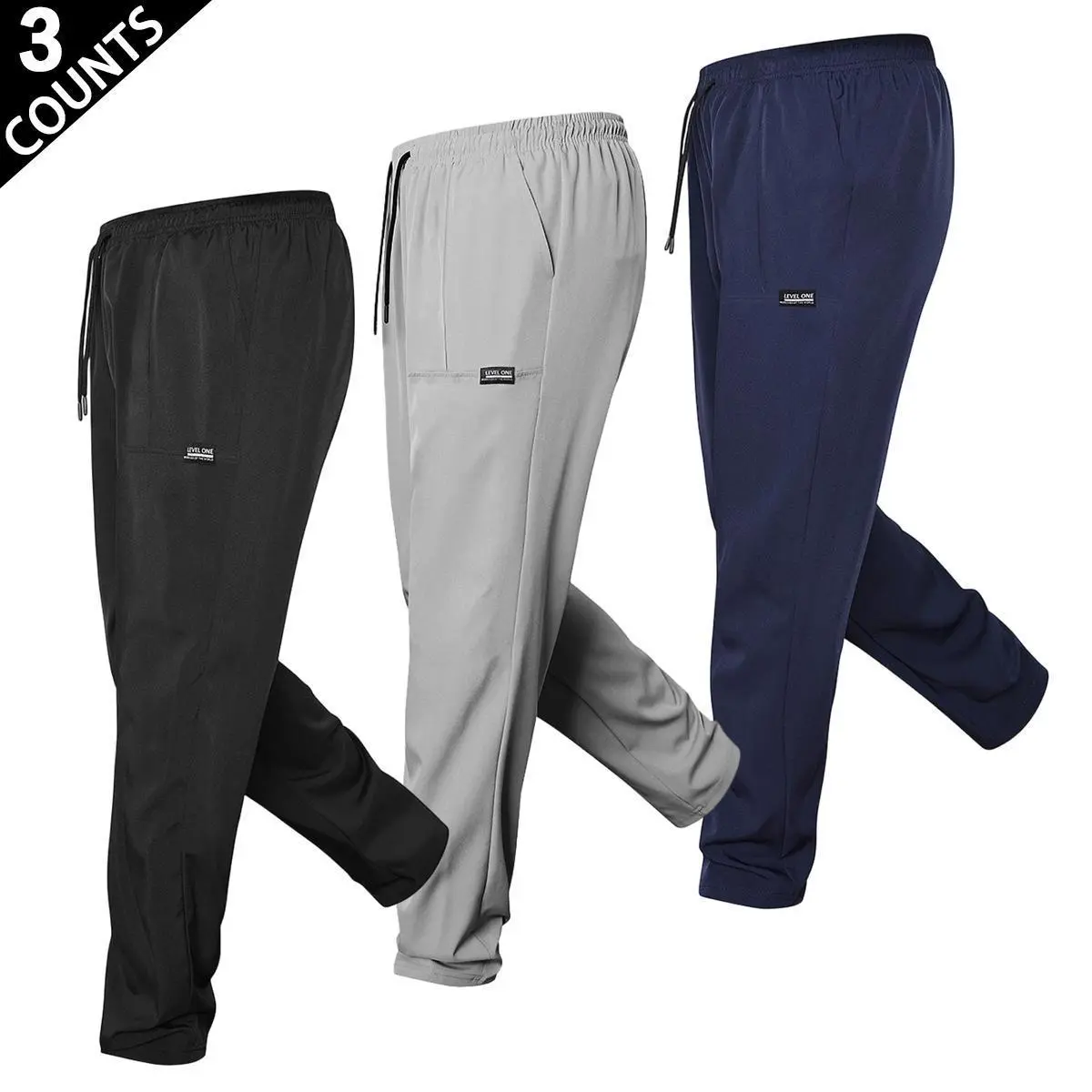 Men's 3-Pack Polyester Joggers - High-Stretch, Flexible, Slim Street Style, Ultra-Lightweight, Breathable, Fitted Tapered Leg - Elastic Waist with Drawstring - Ideal for Gym, Daily Outings - All-Season Men's Pants, Elastic Drawstring Men's Pants, Athletic
