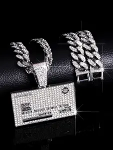 Hip Hop Iced Out Card Pendant with Blingling Cuban Chain Link Necklace, Unisex Punk Jewelry Accessory, Perfect Gift for Friends