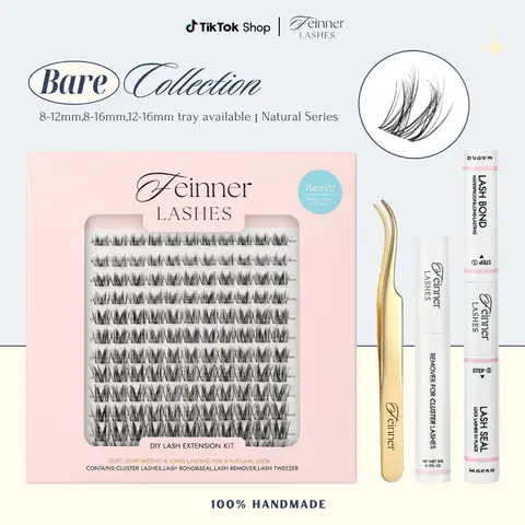 Feinner Lash Cluster Kit - 0.03mm Ultra-Thin Invisible Band, Weightless Soft Fibers, Beginner-Friendly Mixed Styles D Curl 8-16mm, Wispy Lash Clusters for Adults, Barely-There Natural Finish, Makeup-Compatible Clean Girl Trend New Arrivals