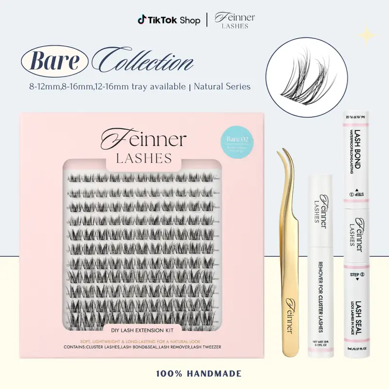 Feinner Lash Cluster Kit - 0.03mm Ultra-Thin Invisible Band, Weightless Soft Fibers, Beginner-Friendly Mixed Styles D Curl 8-16mm, Wispy Lash Clusters for Adults, Barely-There Natural Finish, Makeup-Compatible Clean Girl Trend New Arrivals