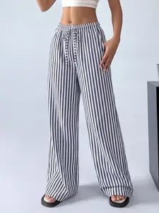 Refreshing striped wide-leg pants, relaxed fit that flatters figure, elastic waistband with drawstring casual long trousers fathersdaygift
