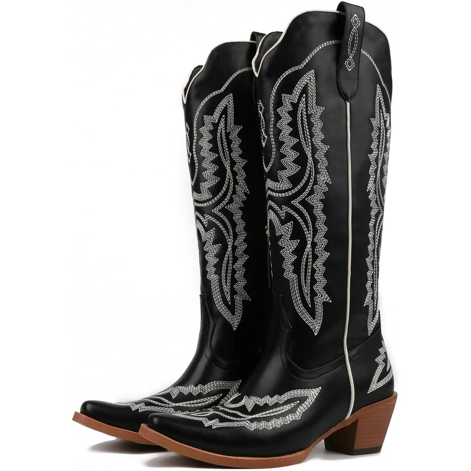 Women's Knee-High Cowboy Footwear, 6.5cm Chunky Heel, Classic Closed Toe, Retro Country Embroidered Design, Vintage Western Casual Style, Soft Artificial PU Upper, Rubber Sole, Outdoor Summer Shoes