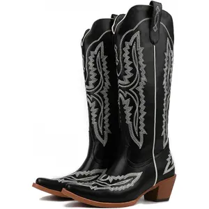 Women's Knee-High Cowboy Shoe-Boots, 6.5cm Chunky Heel, Classic Closed Toe, Retro Country Embroidery, Vintage Western Casual Style, Artificial PU Upper, Rubber Sole, Summervibes Outdoor Footwear