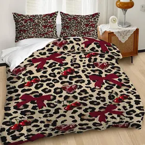 2/3Pcs Chic Leopard Print Decorative Duvet Cover Set, Fun Red Heart, Cherry & Bow Motifs Comfy Bedding Set, Soft & Stylish, Ideal for Valentine's Day Bedroom Decor, Perfect Blend of Playful Elegance!Includes 1 or 2 Pillowcase - No filling/Zipper Closure