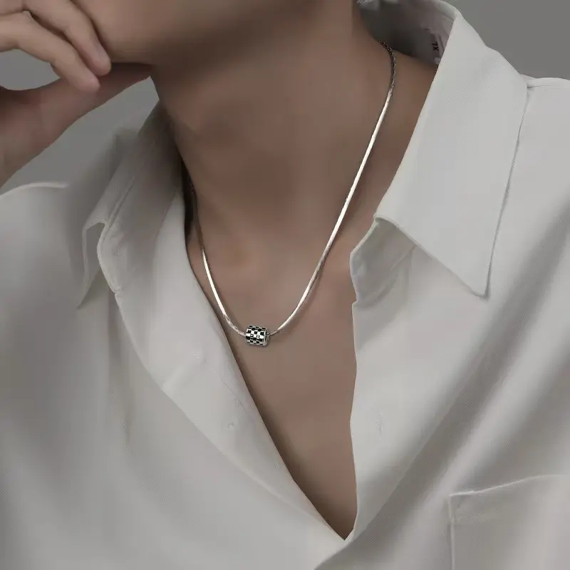 Unisex Enamel Inlay Checkerboard Cylinder Pendant Necklace - Flash-Finesse Design, Titanium Steel Snake Chain, 50Cm / 55Cm Fashion Costume Jewelry, Daily Wear Accessory, Approx. 1Cm X 1.5Cm