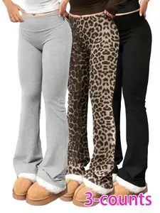 3 PCS High Waist Flare Pants for Women, Y2K Aesthetic Leopard Print & Solid Color Bell Bottoms, Stretchy Wide Leg Lounge Pants, Perfect for Daily Wear, Loungewear, Going Out, School, Cute Coquette Style Trousers for Teen Girls, Gen Z Fashion