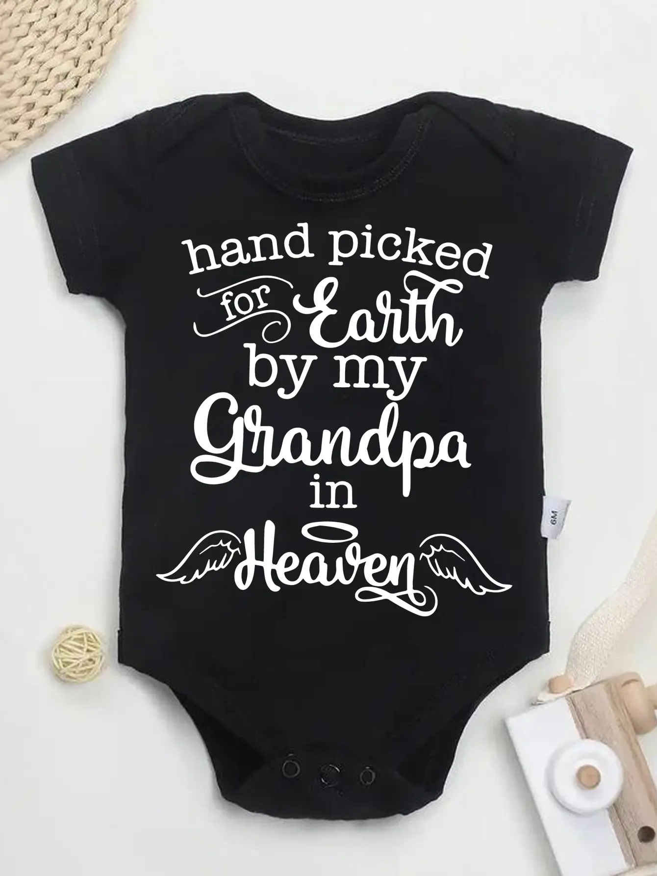 Cute Baby Bodysuit Hand Picked For Earth By My Grandpa In Heaven Print Soft Knitted Fabric Round Neck Button Detail Regular Fit All Seasons Onesie 96% Cotton 4% Elastane Comfortable Design, Onesie Shape Unisex Bodysuits & One-Pieces