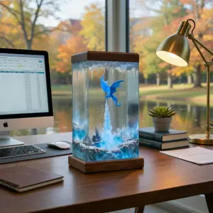 3D Ice Dragon Resin Sculpture Frozen Castle Diorama Handmade Wood Resin Block Fantasy Home Decor Desk Shelf Decoration Unique Gift for Dragon Lovers