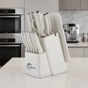 XBJ 15-Piece Stainless Steel Knives & Cutlery Set with Built-in Sharpener, Japanese Meat Chopper, Bread Blade, Scissors, and Washable Pink Silicone Block for Home Kitchen Organization