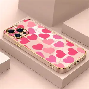 Electroplating Phone Case Hearts in Blush Patterned Classic Square Design Non Slip TPU Soft Shell Cellphone Protection Cover  for iPhone 17 16 Pro Max 15 Plus 14 13 12 11 Air