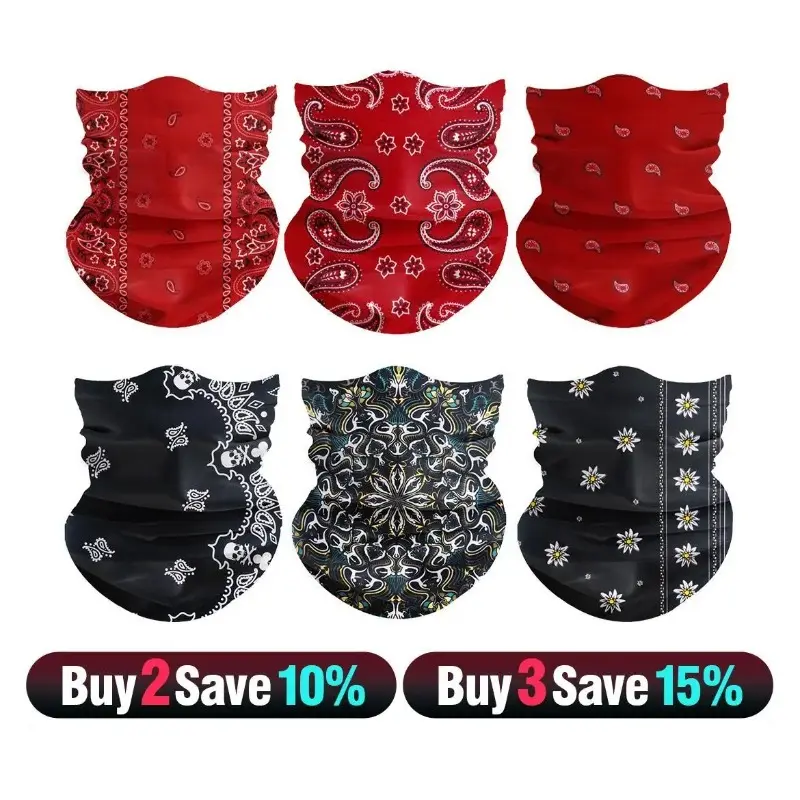Unisex 6-Pack Neck Gaiter Set - Breathable Cotton UV-Protective Biker Face Covers & Masks, UPF 50+ Seamless Camo Headwear for Fishing & Construction Work, Hiking, One Size